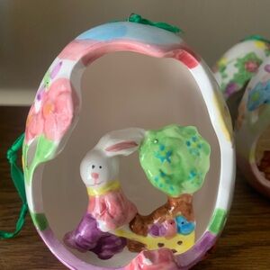 Four Hand-Painted Ceramic Bunny Egg Ornaments - Four Easter Pedestal Bowls